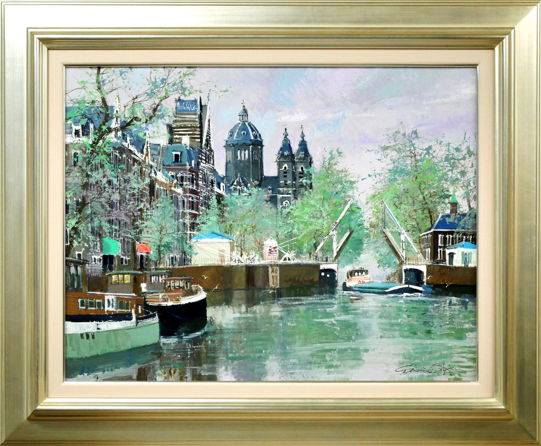 小田切訓「西教会のある運河（オランダ）」シルクスクリーン版画 絵画