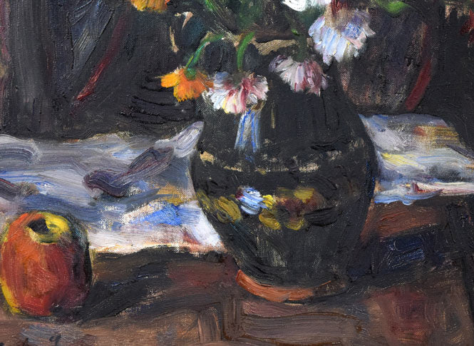 P バック「りんごと花の静物」油絵・変形20号 絵画買取・販売の小竹美術