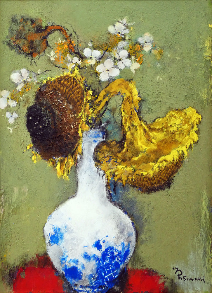 佐々木栄松「枯れたひまわりとサビタの花」油絵・F4号 絵画買取・販売