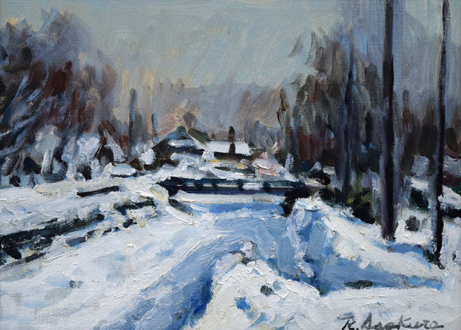 朝倉力男「堀割の雪」油絵・F4号 絵画買取・販売の小竹美術