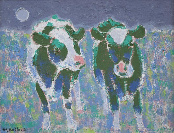 小島真佐吉「霧（牛）」油絵・F6号 絵画買取・販売の小竹美術