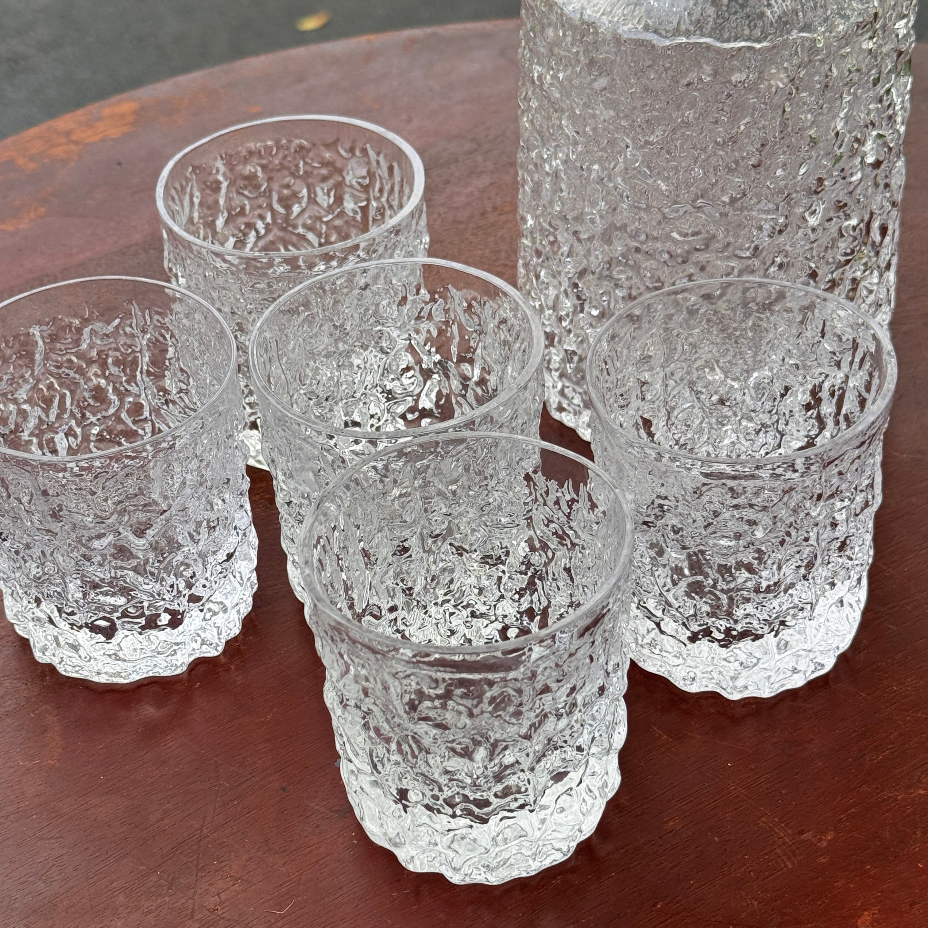 5 Vintage Whitefriars Glacier Whisky Tumblers and Decanter