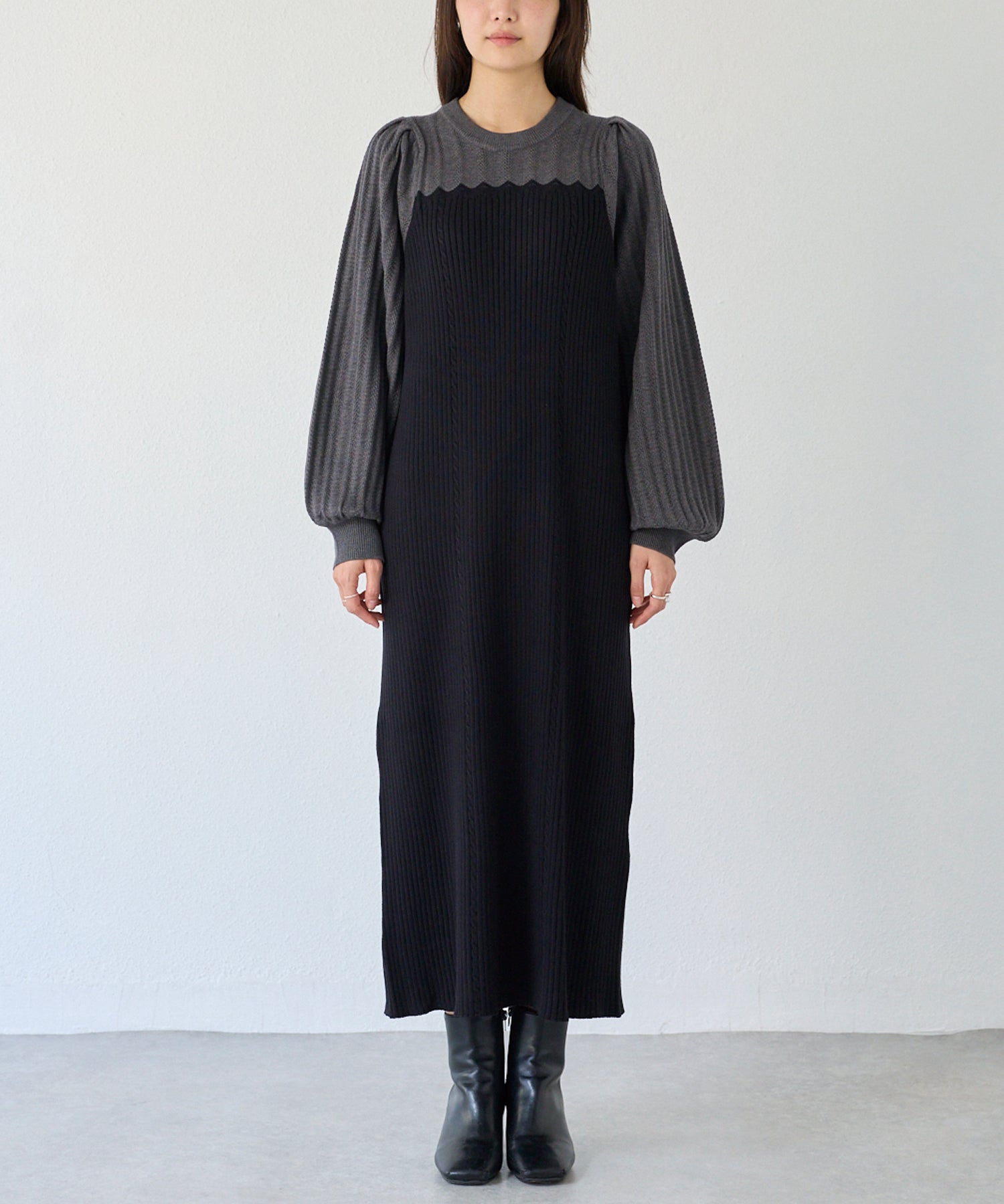 洗える】透かし編み切替ニットワンピース | ラビアンジェ-⼤きいサイズ