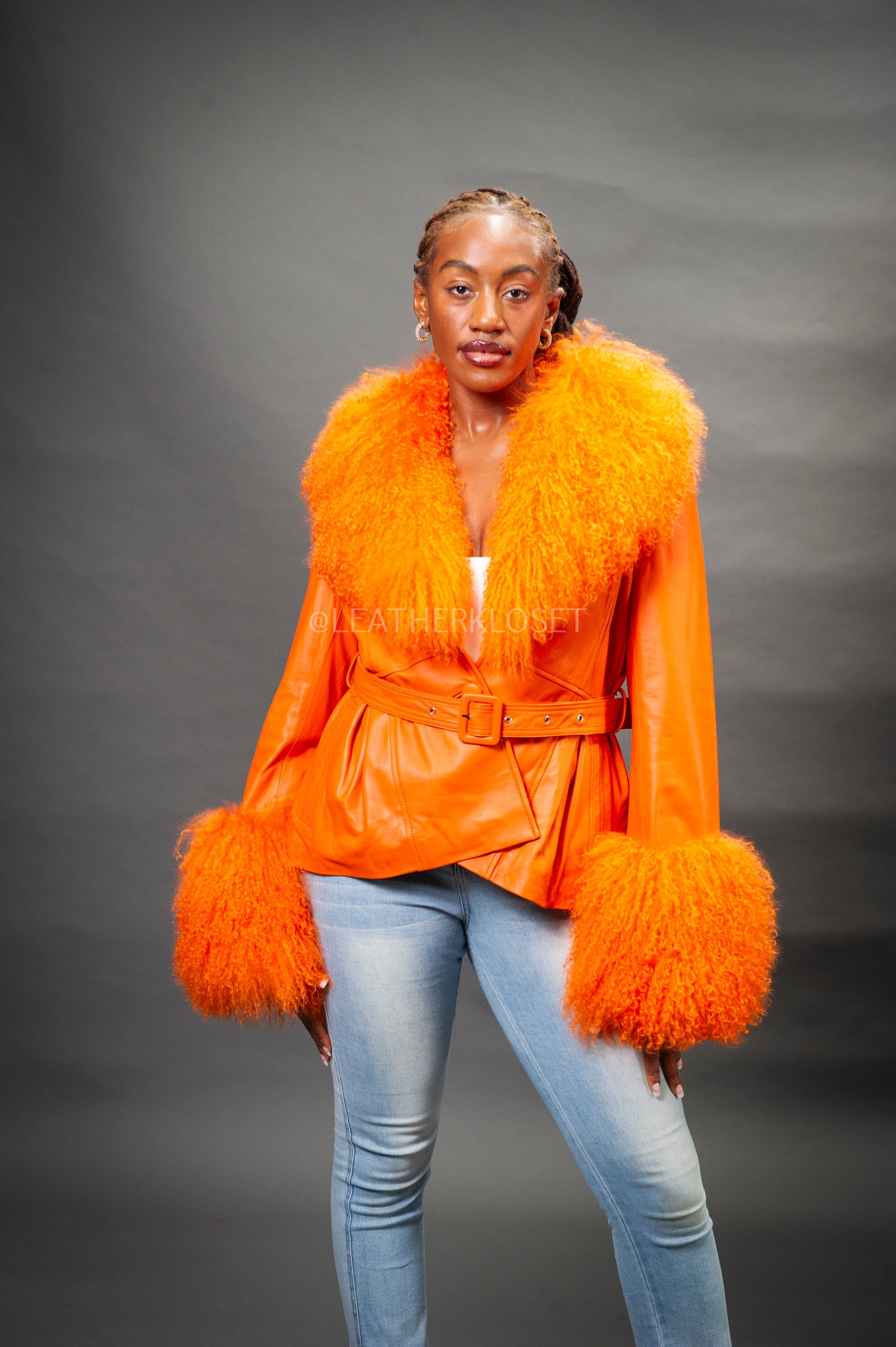 Women's Zahara Leather And Fox Combo Jacket [Orange] – LeatherKloset