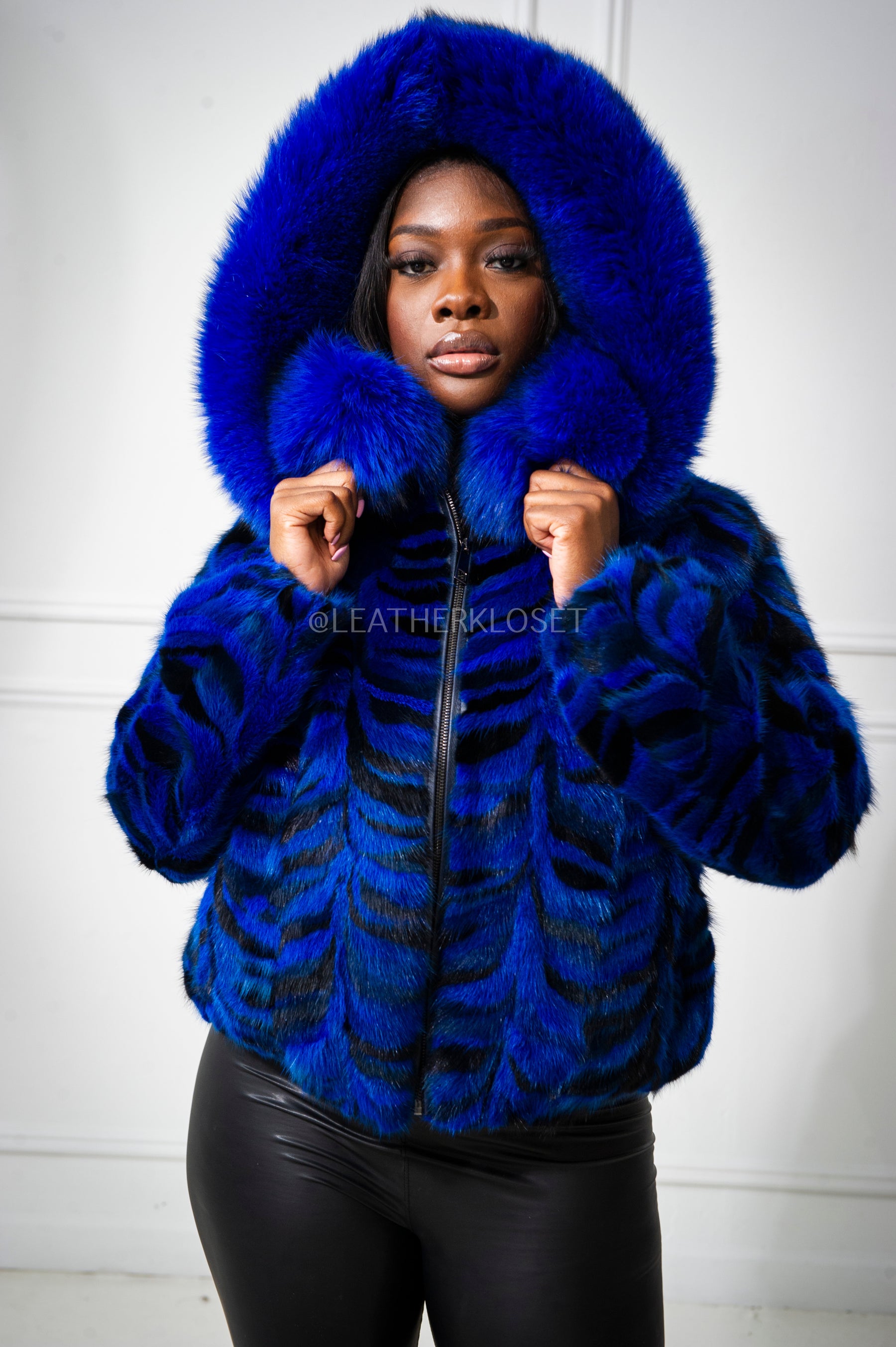 Women's Leilani Mink Bomber With Hood [Blue] – LeatherKloset