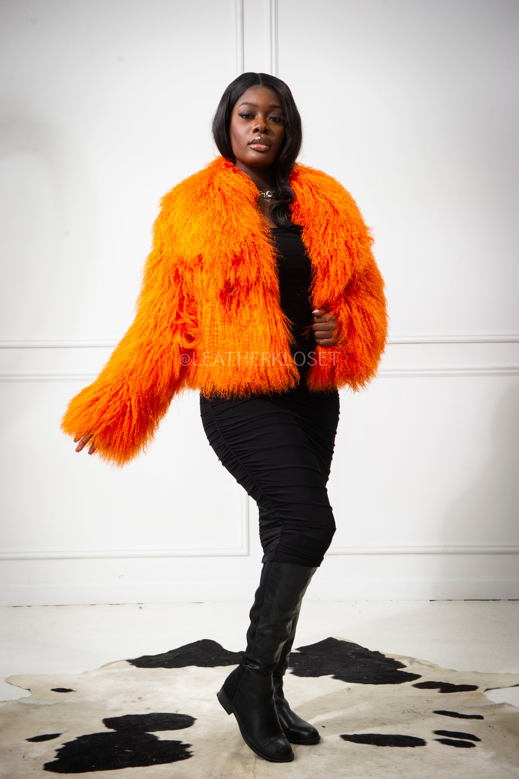 Women's Celia Mongolian Fur Jacket [Orange] – LeatherKloset