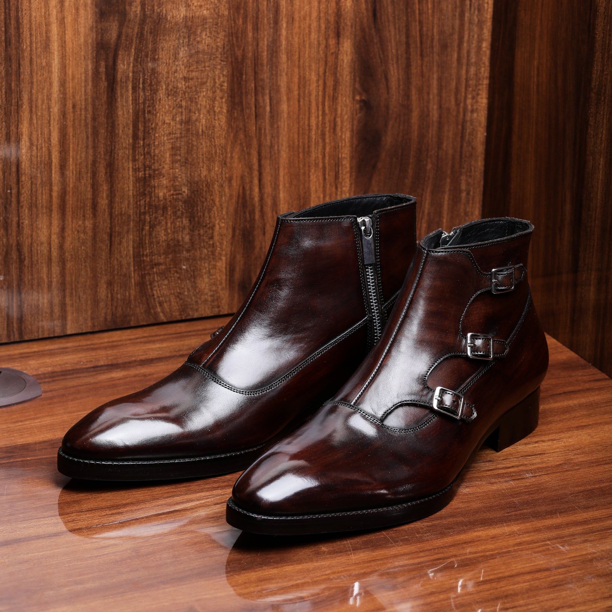 Triple Monk Strap Zipper Boots - Dark Brown | Lethato