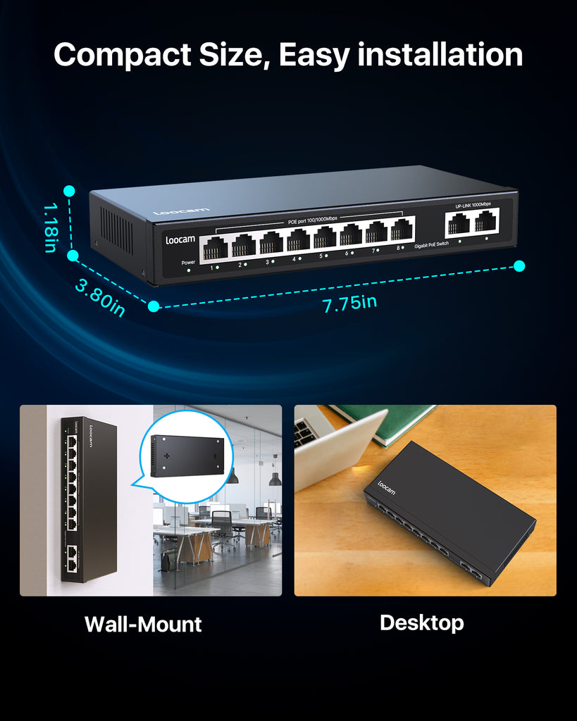Loocam 10 Port Gigabit PoE Switch, PoE Switch 8 Port @ 96W, 2