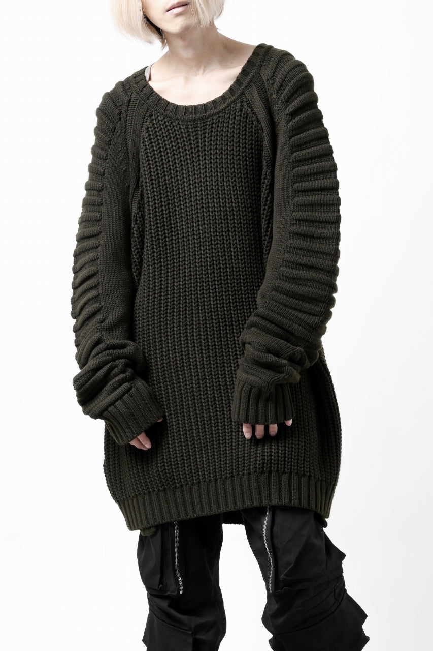 A.F ARTEFACT LOWGAUGE CABLE KNIT PULLOVER LADDER-SLEEVE (KHAKI)の