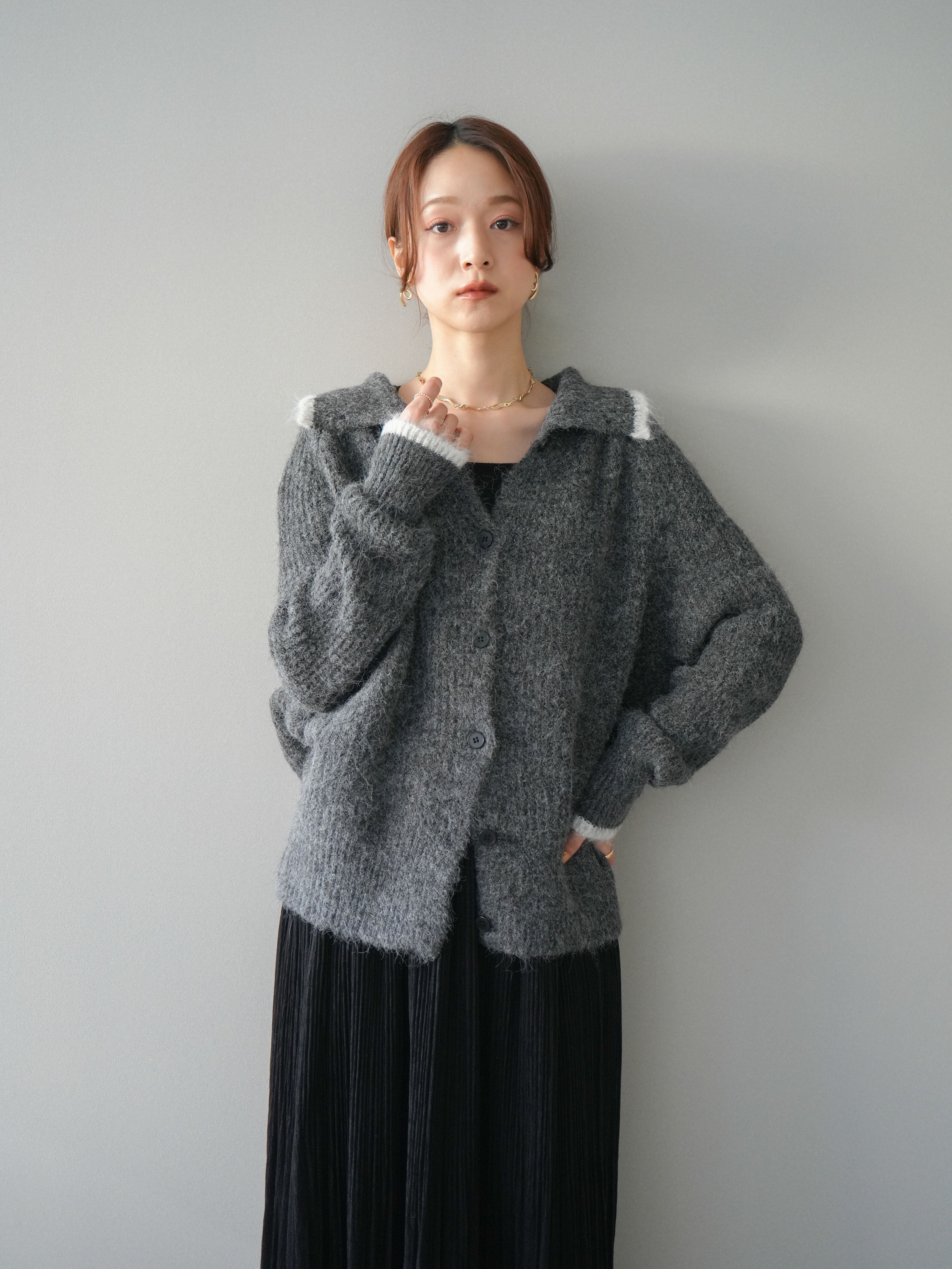 予約]襟付きバイカラーミックスニットカーディガン/gray – Lumier