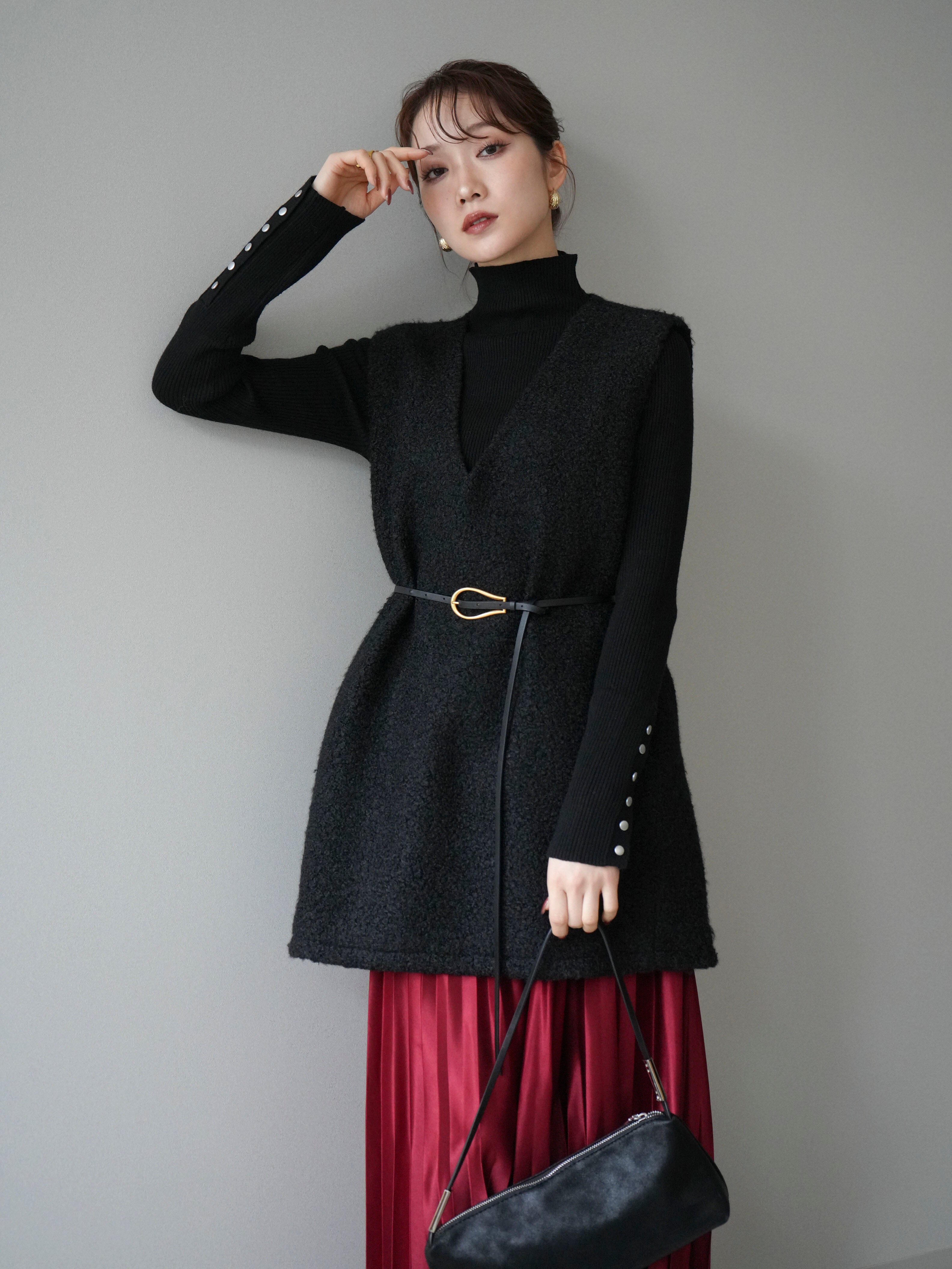 SET]ミックスループヤーンニットミニワンピース+袖ボタンボトルネック