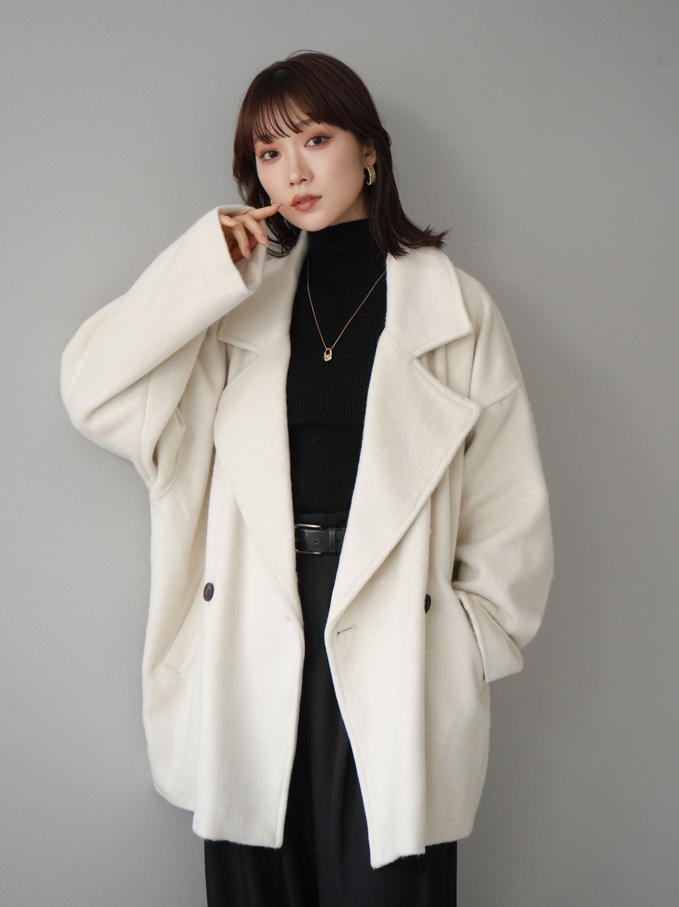 SET]フェイクビーバーミドルコート+ベルト付ウールタッチワイドパンツ