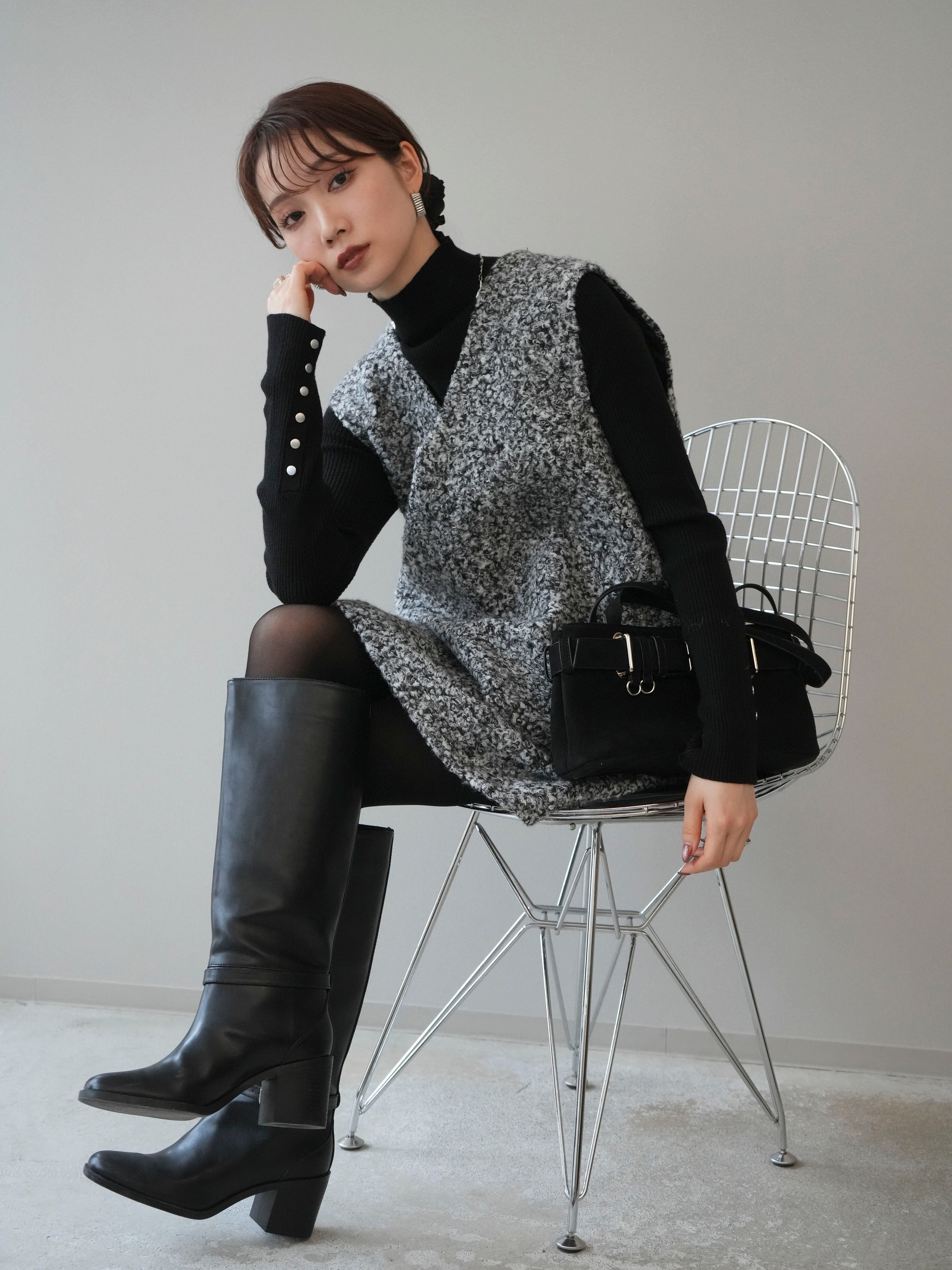 SET]ミックスループヤーンニットミニワンピース+袖ボタンボトルネック