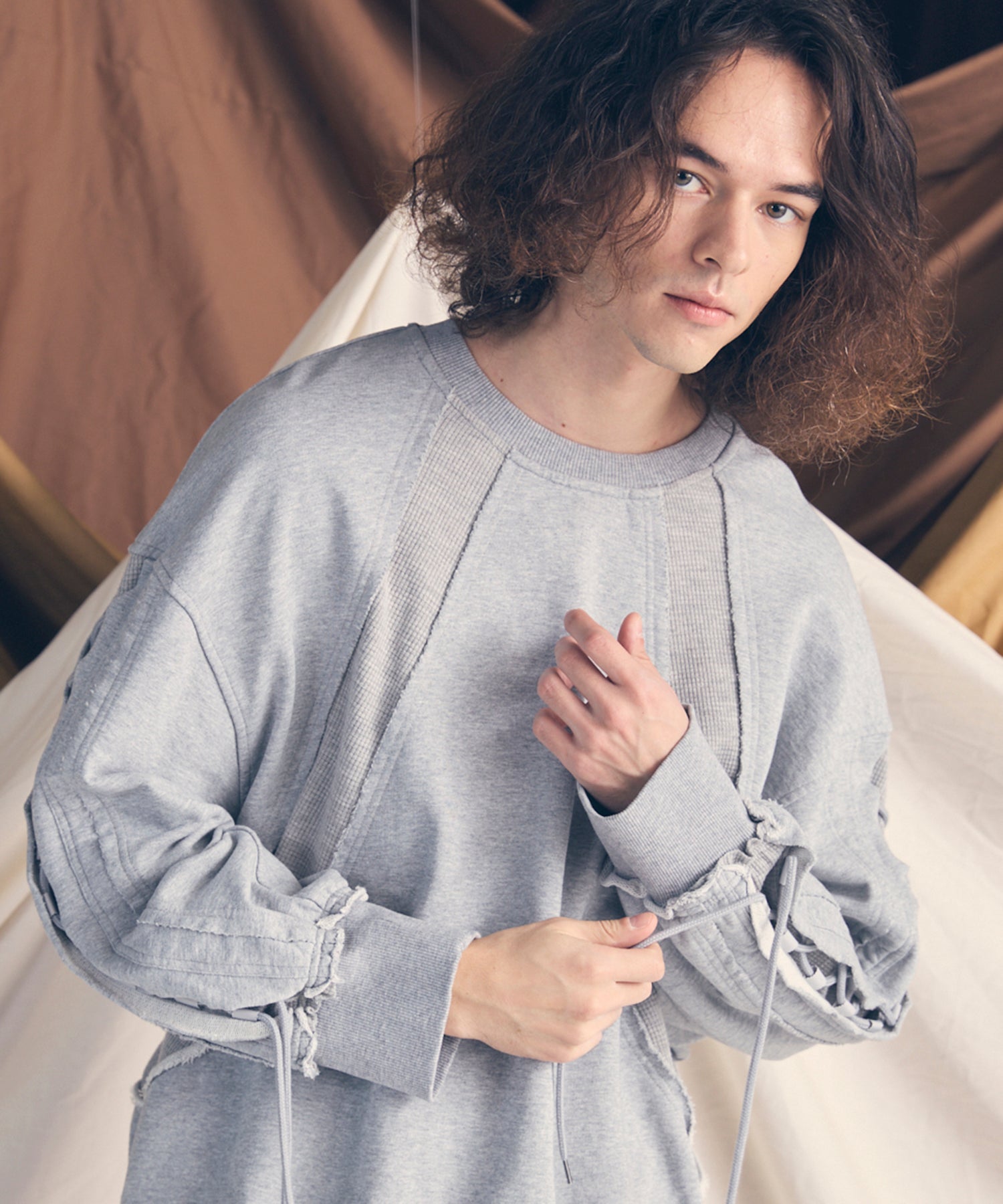 Waffle Switch Lace-up Sweat Prime-Over Crew Neck Pullover