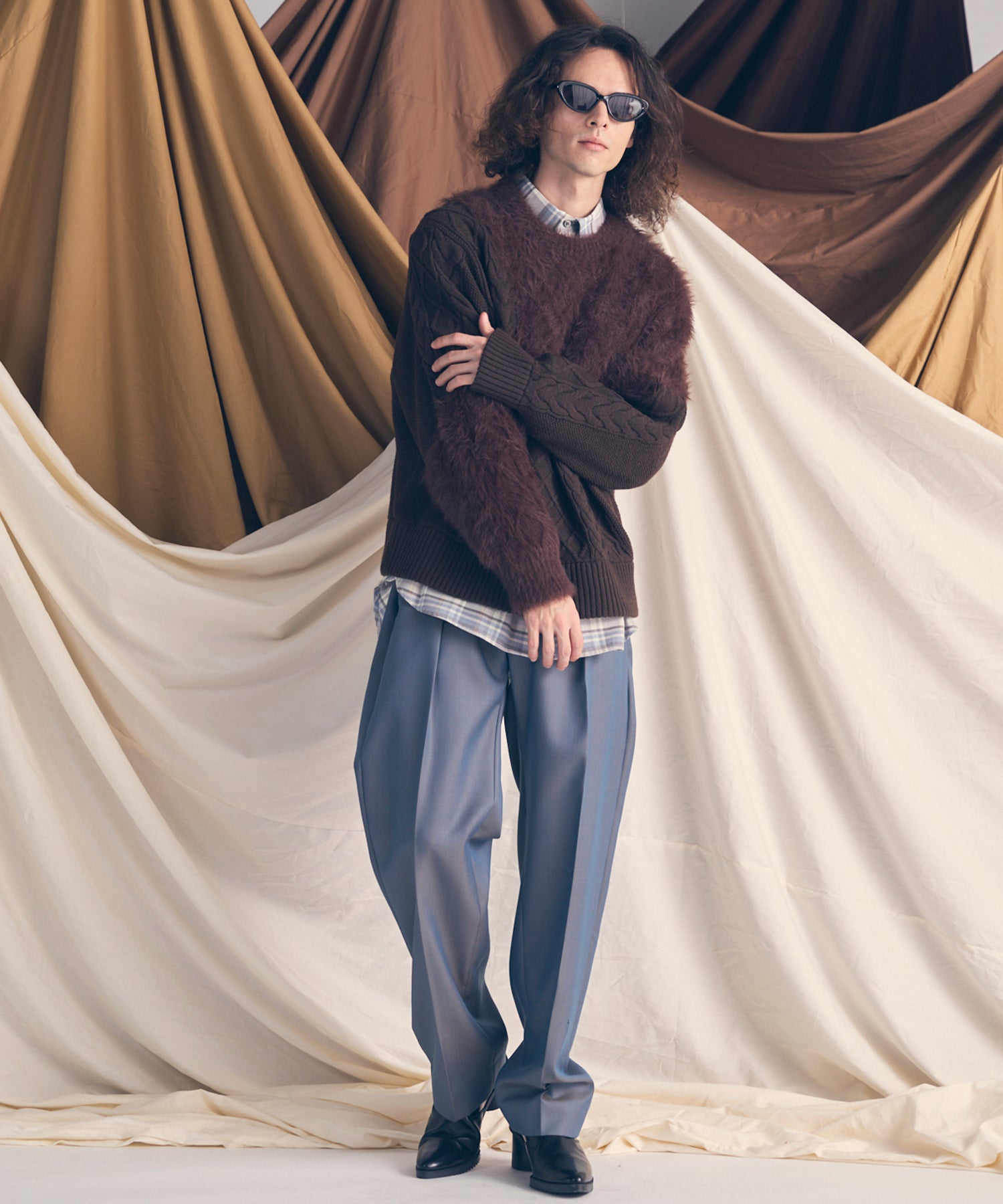 Cable Shaggy Mix Prime-Over Crew Neck Knit Pullover