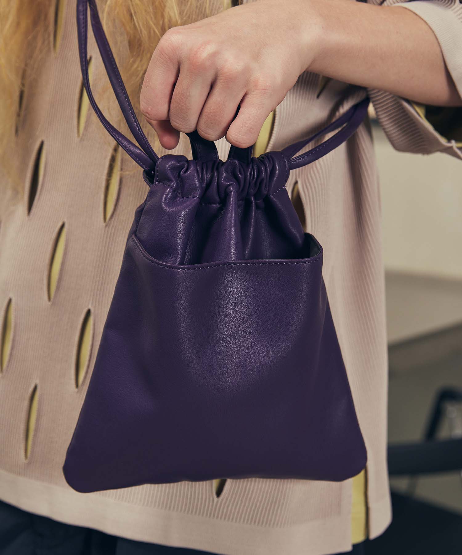 EX】Vegan Leather Shoulder Drawstring Bag