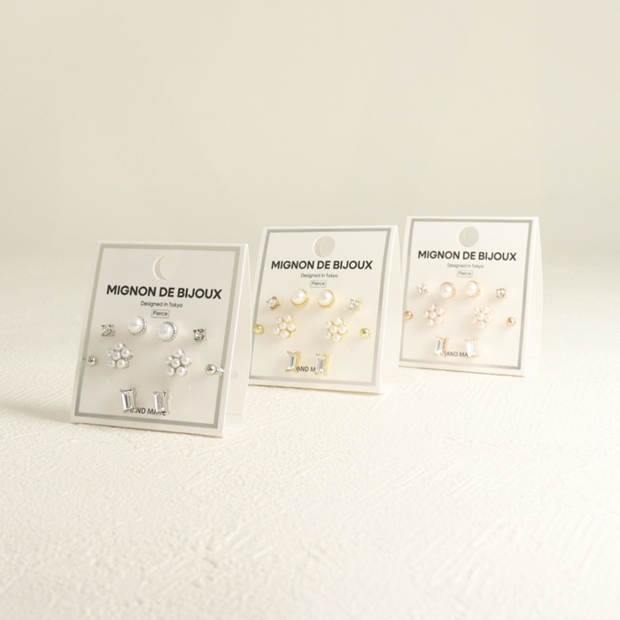 セットピアス 10個 5ペア スクエア ストーン パール フラワー【3color