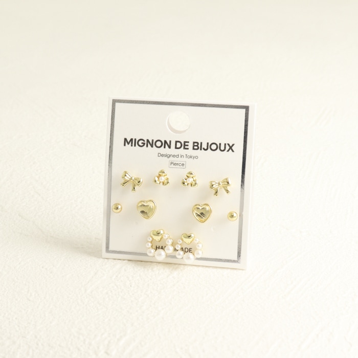 セットピアス 10個 5ペア ハート パールサークル リボン【3color