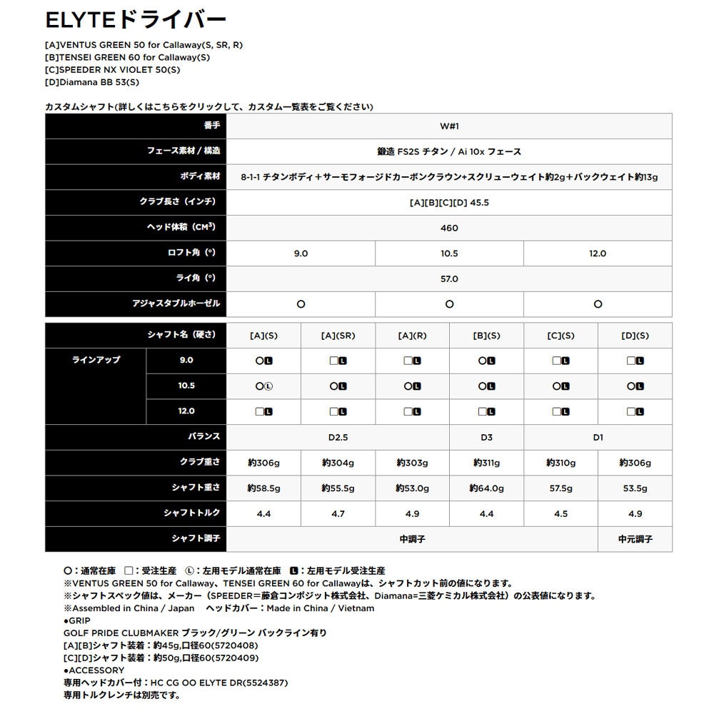 純正シャフト】Callaway ELYTE DRIVER キャロウェイ エリート