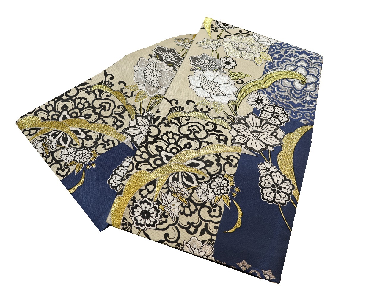 ポリエステル袋帯「紺色と灰ベージュ色の地に唐花模様」 | 帯,帯(袋帯