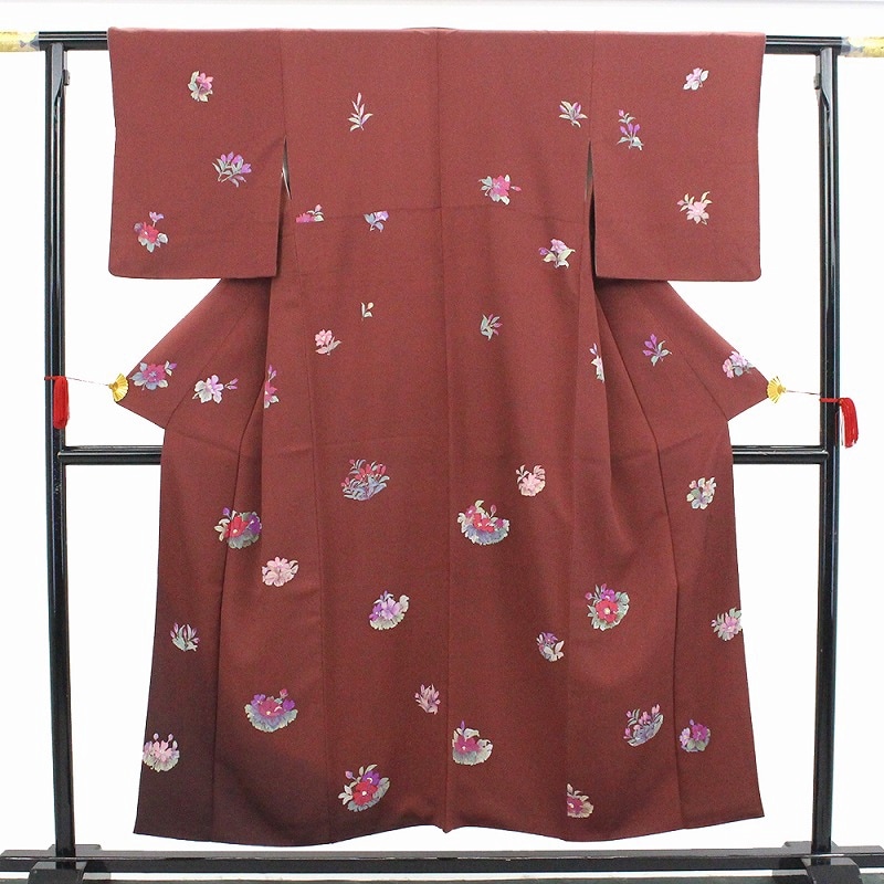 中古】 付下げ 二代目 清次郎 落款 レディース 正絹 海老茶 花柄 身丈