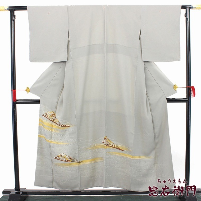 中古】 色留袖 訪問着仕立て レディース 正絹 灰 金 流水 扇 身丈158cm