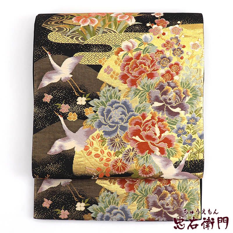 中古】 袋帯 リサイクル フォーマル レディース 正絹 黒 金 牡丹 地紙