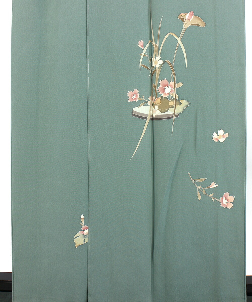 中古】 訪問着 レディース 正絹 ライトグリーン 手描き友禅 落款 花