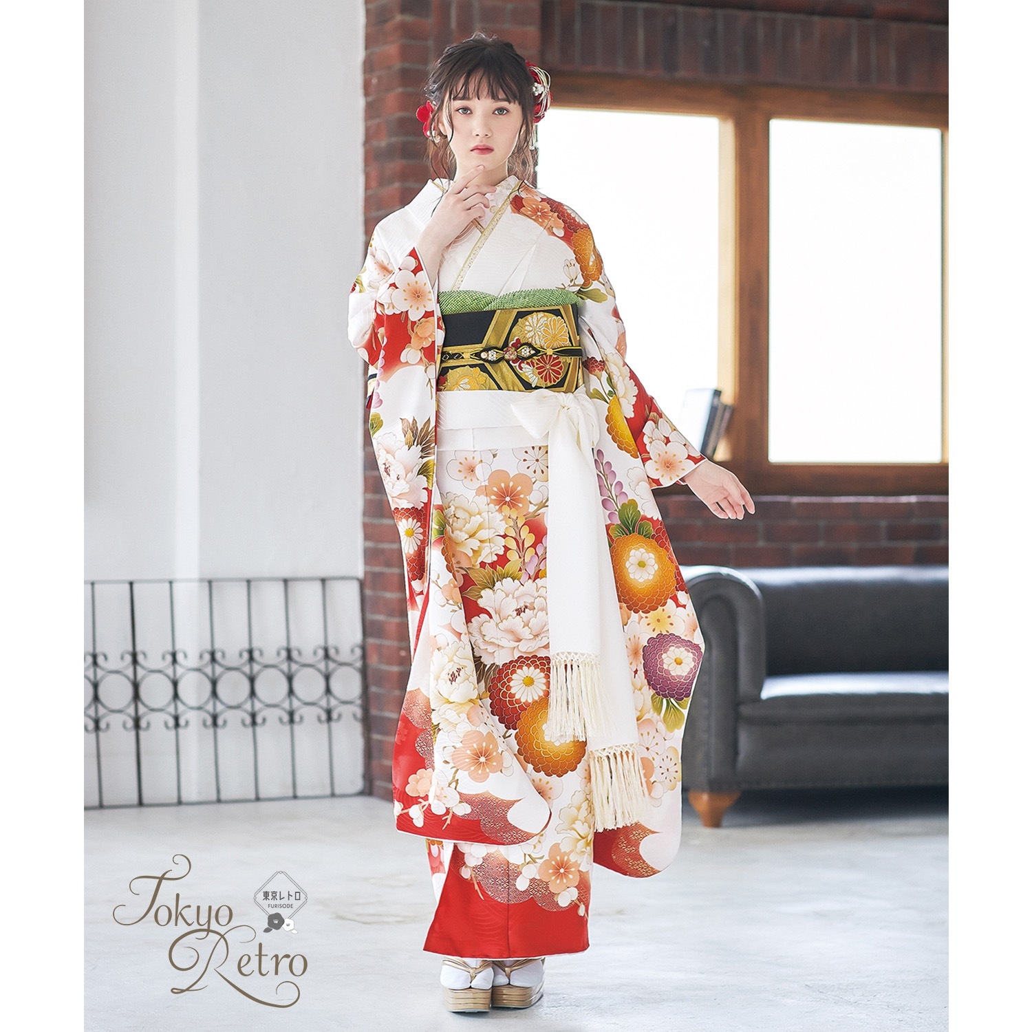 東京レトロ 白 菊牡丹に梅（【振袖・袋帯・長襦袢のセット商品です