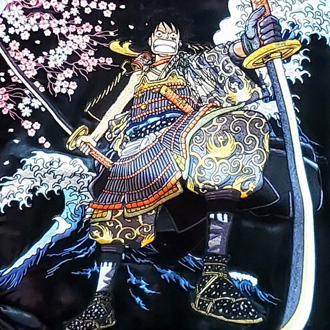 Mサイズ]武者ルフィ柄刺繍 リバーシブルスカジャン ブラック×シルバー
