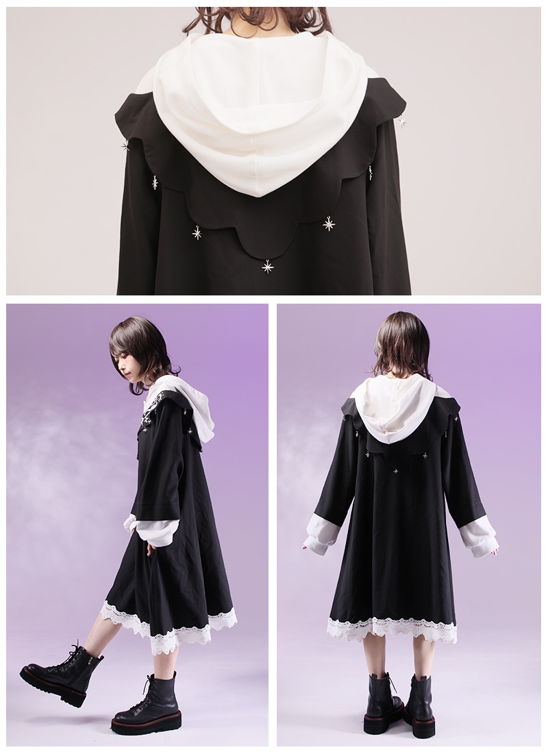 重ね着風のモノクロ魔女パーカーワンピース ｜ Favorite