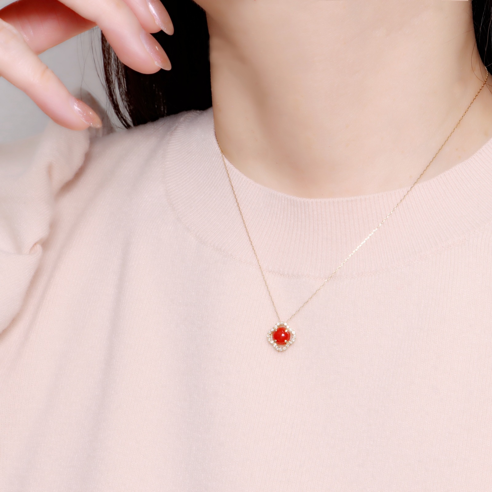 血赤珊瑚】K18 血赤珊瑚フラワーデザイン ネックレス