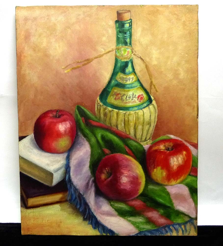 花瓶とリンゴの油彩画 リンゴのある静物画（油彩・キャンバス レトロ