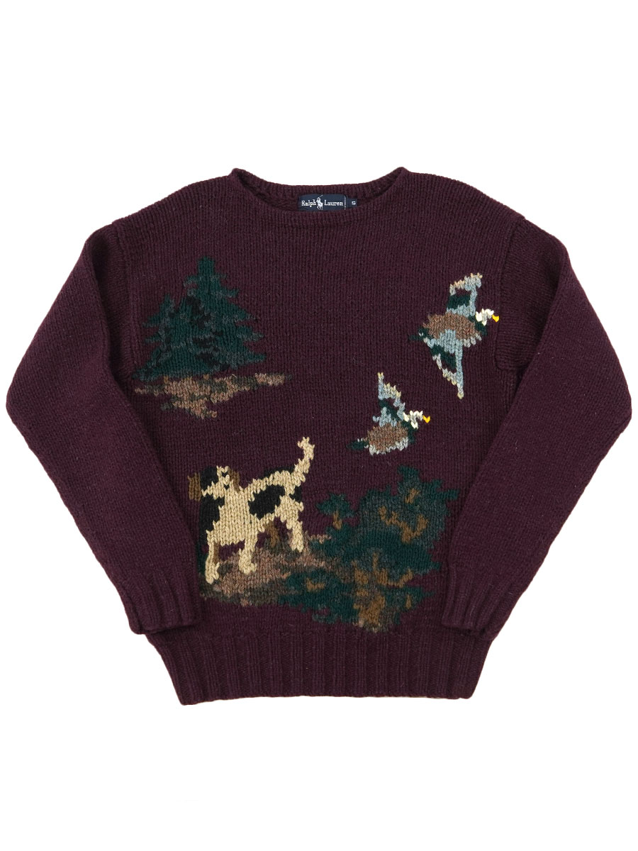 80's～ ラルフローレン ハンティングドッグ柄 ハンドニット ウール