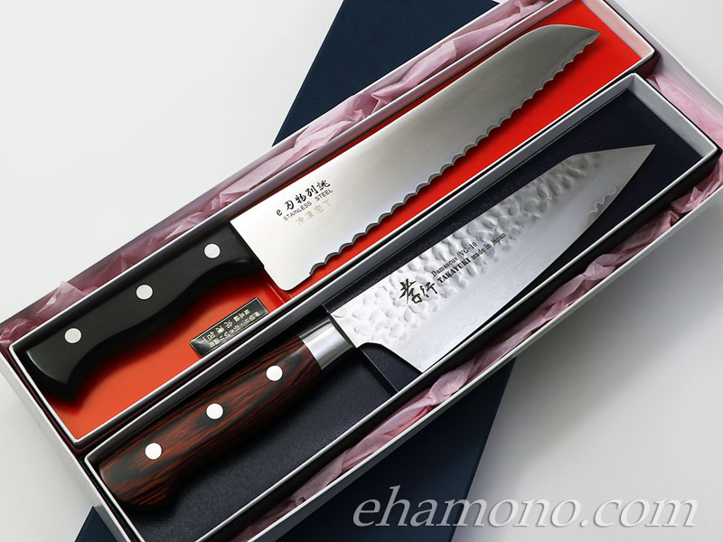 V金10号 ダマスカス33層鎚目剣型三徳160・冷凍包丁セット