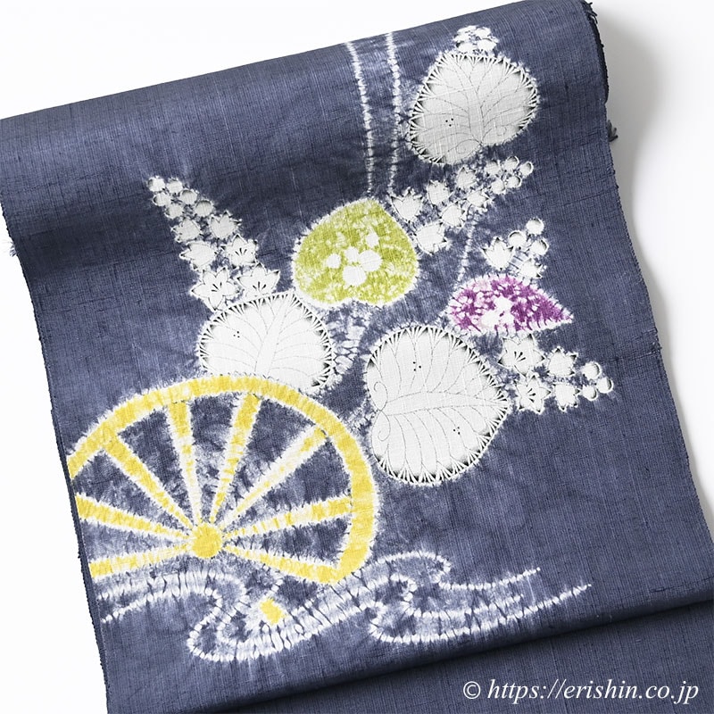 森健持 染名古屋帯（水車に葵・辻ケ花/紬地）森健持『着物・呉服えり新』