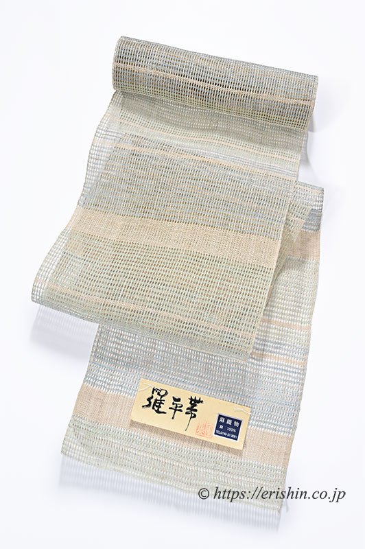 八寸織名古屋帯（羅平織/錆青磁に亜麻色の段・麻）[夏向]『着物・呉服