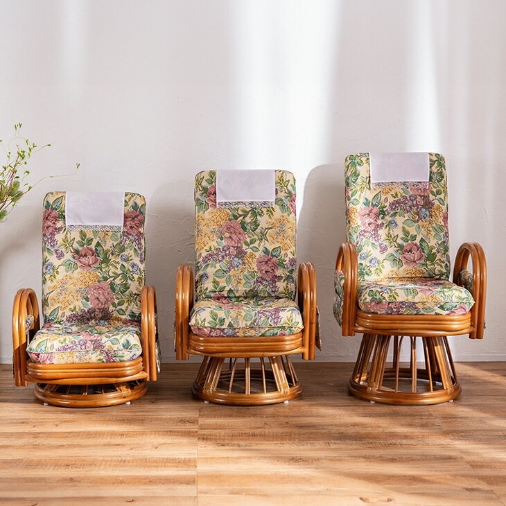 天然籐 リクライニングハイバック回転座椅子 サイドポケット付き ハイ