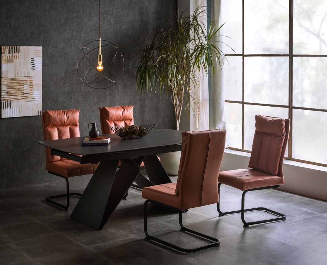 ダイニングチェア ローザ レザー調ファブリック/ブラックスチール脚(2