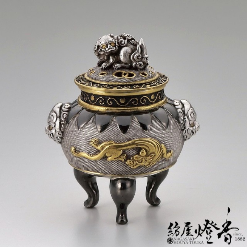 香炉/香器『高岡銅器【獅子龍香炉/金銀彩色】銀製/釘谷洞石作』竹中