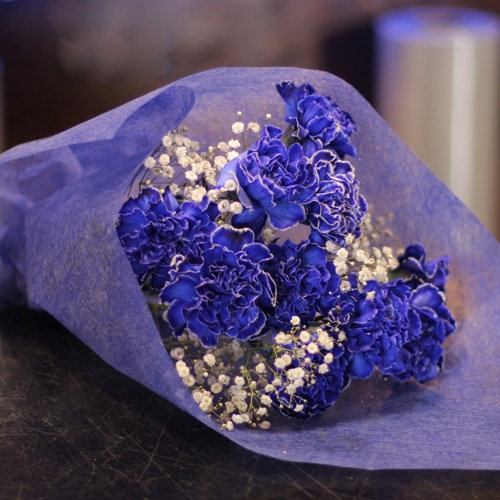 青いカーネーション10本とキラキラかすみ草の花束 | バラ・生花,青い