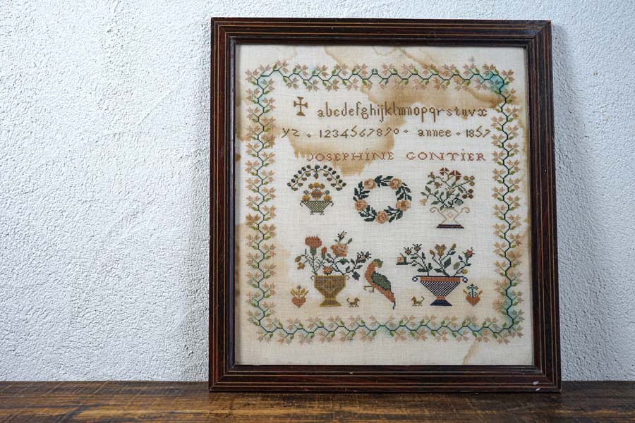 フランスアンティークアルファベット刺繍サンプラー1857年ge-974の通販