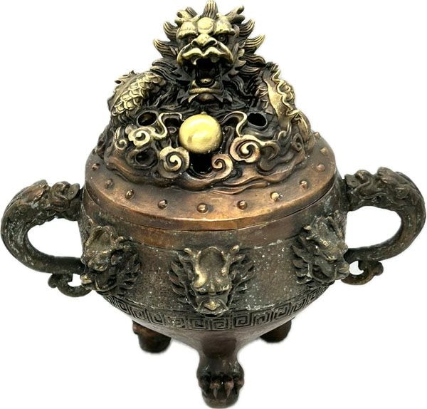 銅製龍香炉 九転乾坤銅色【小】 取っ手付き【送料無料】（沖縄700円