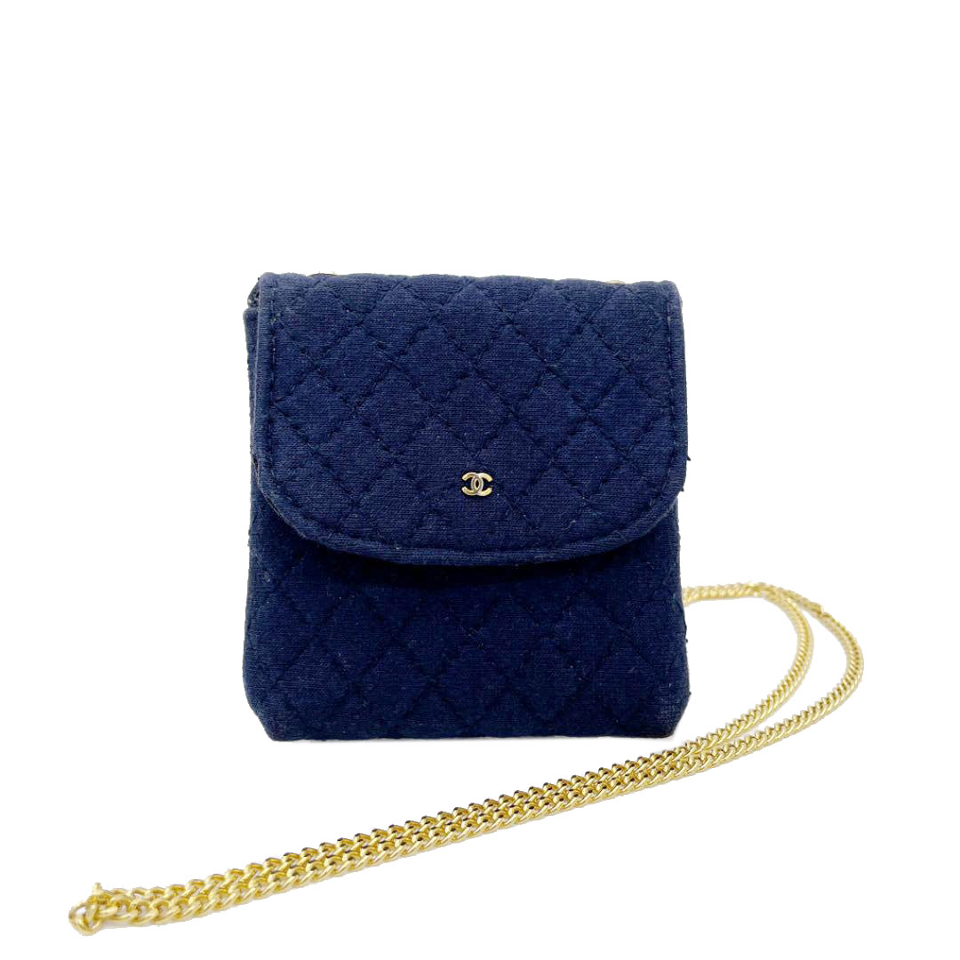 CHANEL シャネル ミニチェーンポーチ コットン ネイビー ゴールド金具