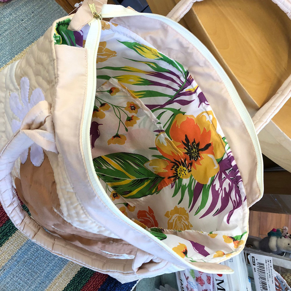 ハワイアンキルト 横長バッグ モンステラ 2WAY ファスナー付きバッグ