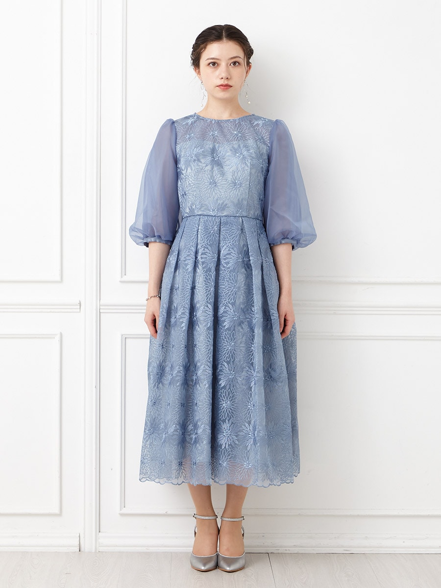 オーガンジー花柄刺繍ボリュームスリーブドレス(M スカイブルー