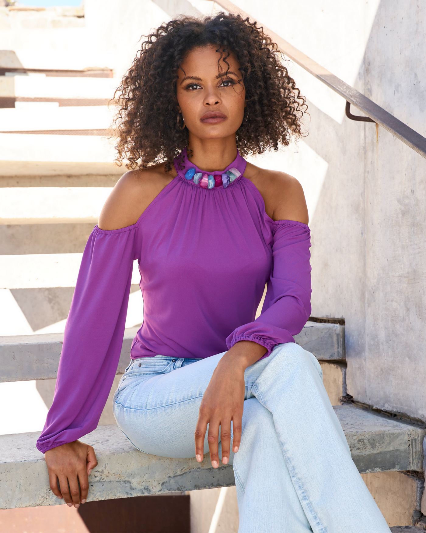 So Chic Cold Shoulder Beaded Neck Top - Dahlia Purple | Boston Proper