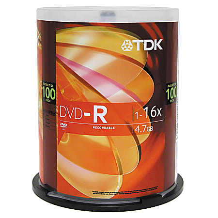 TDK DVD R Recordable Media Spindle 4.7GB120 Minutes Pack Of 100
