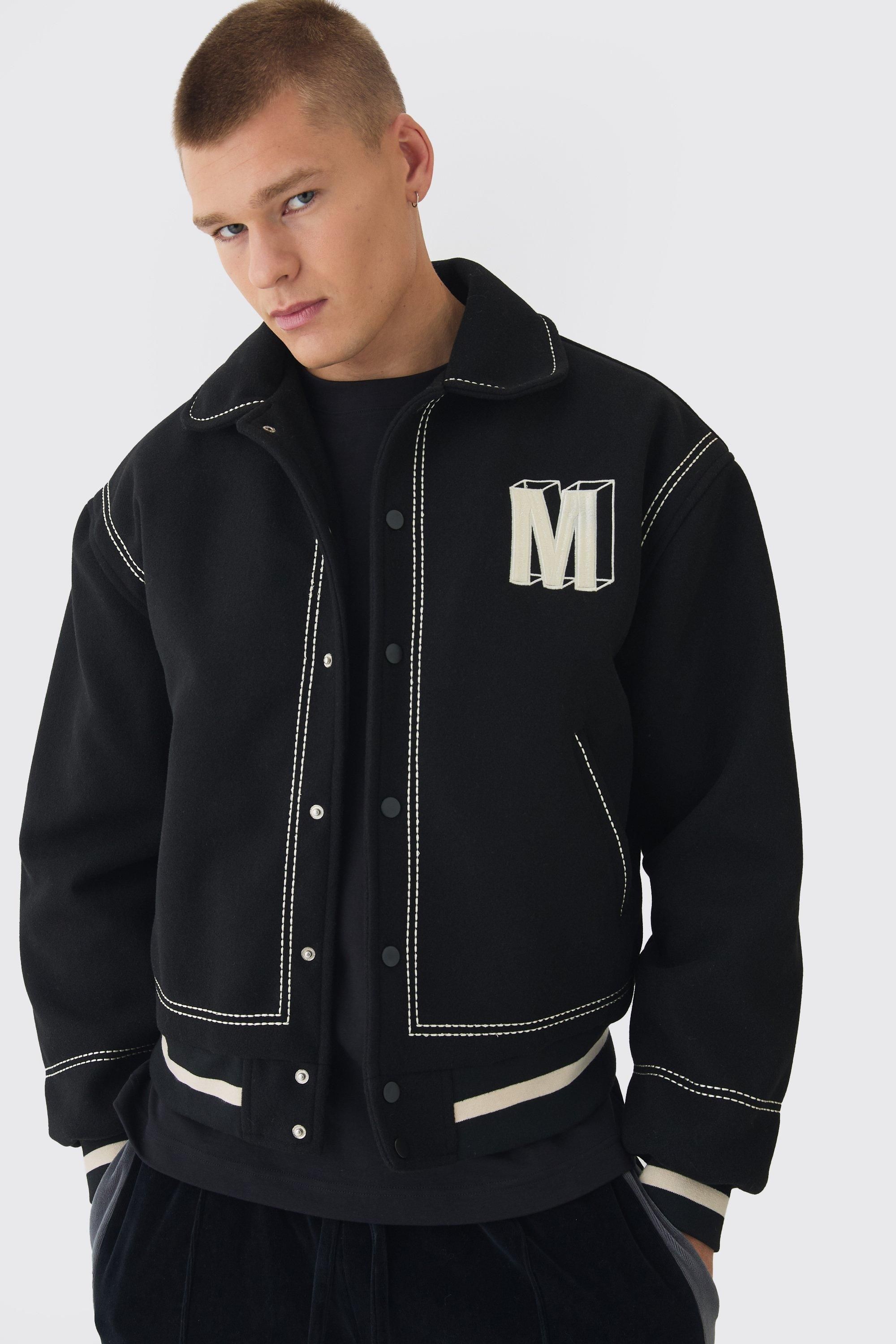 Jackets & Coats | Boxy Stitch Detail Melton Varsity Jacket In
