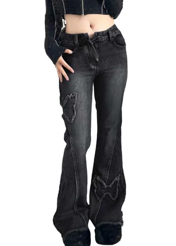 Sunidol Low Waisted Bell Bottom Jeans for Women Y2K Butterfly
